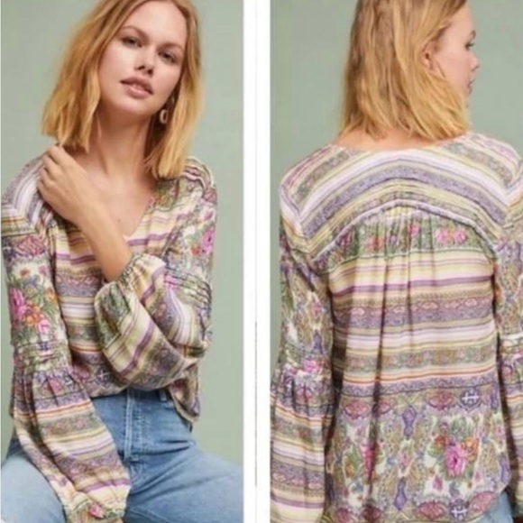 Anthropologie Tops - Anthropologie Maeve Ceresco Tunic Top Peasant Boho Floral Striped Cottagecore XL